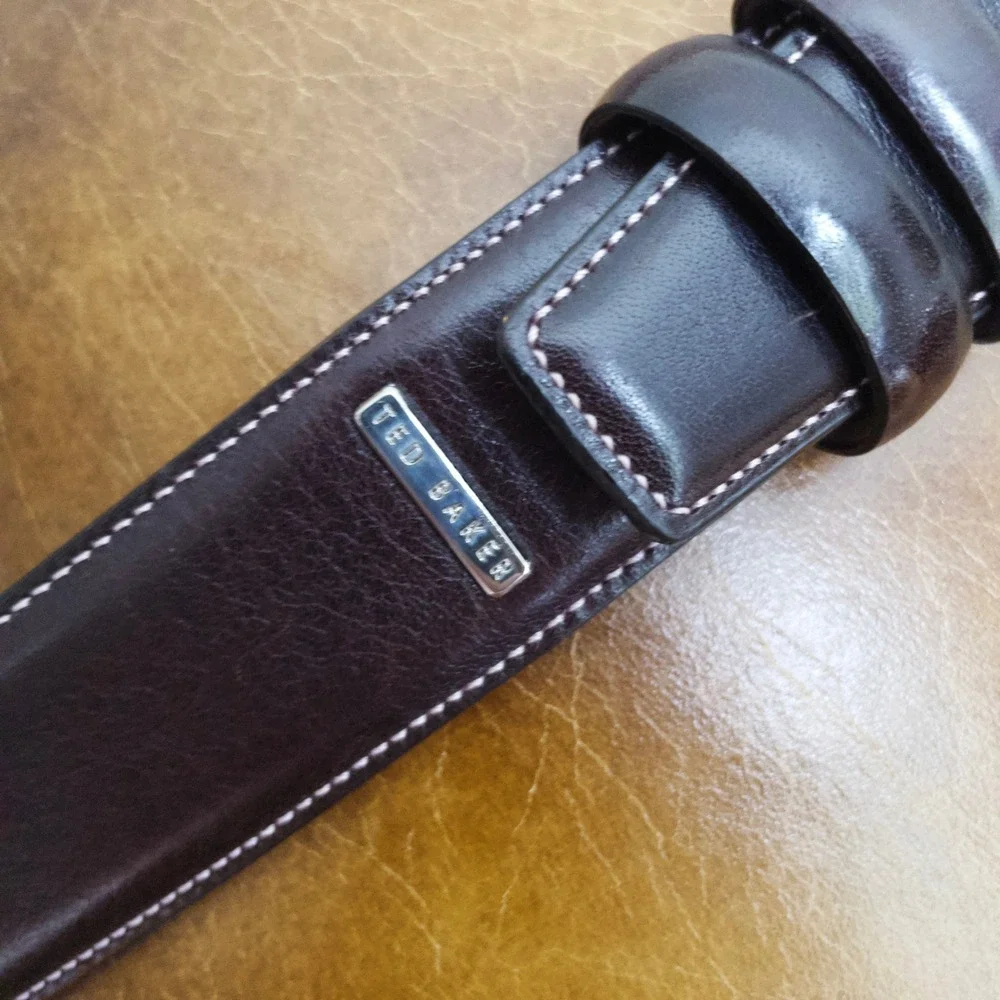 Ted Baker Belt Mens 34 Brown Italian Leather Solid Brass Buckle Formal 0906